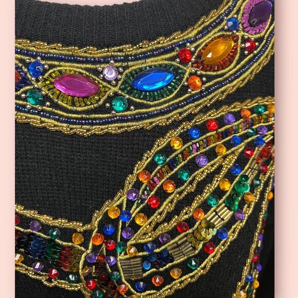 Vintage Cedars Sport Black Sweater Medium Embellished Gems Sequin Bead Embroider - Picture 3 of 7